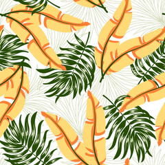 Beautiful seamless tropical pattern with bright plants and leaves on a white background. Tropical botanical. Seamless pattern with colorful leaves and plants.
