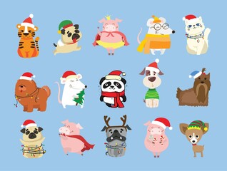 Obraz premium Christmas set of different animals and christmas symbol of the year tiger, rat, cat, dog with gifts and other