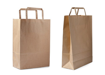Two paper bags on white background, collage