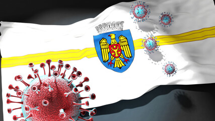Covid in Chisinau - coronavirus attacking a city flag of Chisinau as a symbol of a fight and struggle with the virus pandemic in this city, 3d illustration