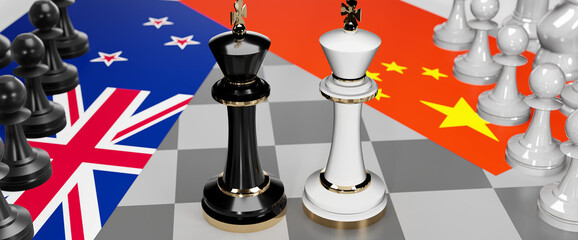 New Zealand and China conflict, clash, crisis and debate between those two countries that aims at a trade deal and dominance symbolized by a chess game with national flags, 3d illustration