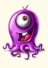 
Funny cartoon smiling purple monster with tentacles

