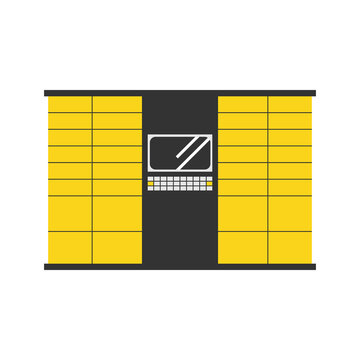 Yellow parcel station, parcel locker, postamat with display vector icon, illustration for contactless delivery design.