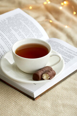 White cup of tea with cinnamon on a n open book and beige plaid. Christmas lights and copy space.