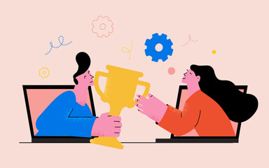 Partnership, teamwork, business leadership and success concept. Winners team flat vector illustration. People from laptop screens holding trophy, prize winning people