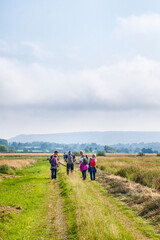 Obraz premium People on an excursion in a meadow landscape in the country