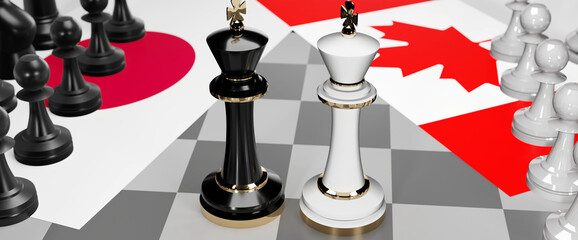 Japan and Canada conflict, clash, crisis and debate between those two countries that aims at a trade deal and dominance symbolized by a chess game with national flags, 3d illustration