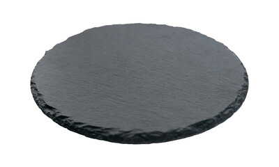 Selective focus of black slate round stone isolated on white background.