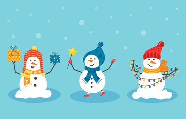 Cheerful christmas snowmen with different presents. Funny snow man wearing hat, scarf with tree. Festive happy xmas holiday cute characters, flat vector cartoon set