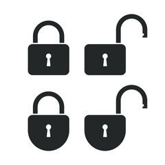 Four locks closed and open icons set. Signs padlocks isolated on white background. Symbols security. Vector illustration
