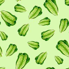 Seamless pattern lettuce Romano on pastel green background. Minimalism texture with salad.
