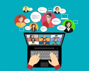 Young man is participating in an online conference.Conference video call. Online communication. Working from home. Remote project management, online education, online lessons.