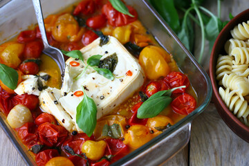 Feta tomato pasta cooking. Delicious popular dish. Italian food.
