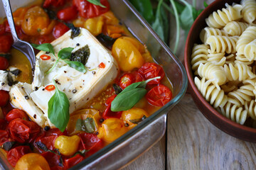 Feta tomato pasta cooking. Delicious popular dish. Italian food.