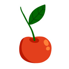 Cherry. Red berry with twig and a leaf. Sweet, fresh food. Flat cartoon illustration isolated on white