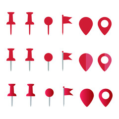Red pin map marker. icon set, flat symbol of gps location, pointer and flag signs. eps 10