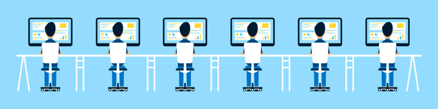 Workers at the computer. Business data analysts. Office workers. Remote work. Flat style. Vector illustration