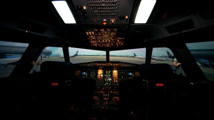  Empty cockpit or flight deck of modern passenger plane