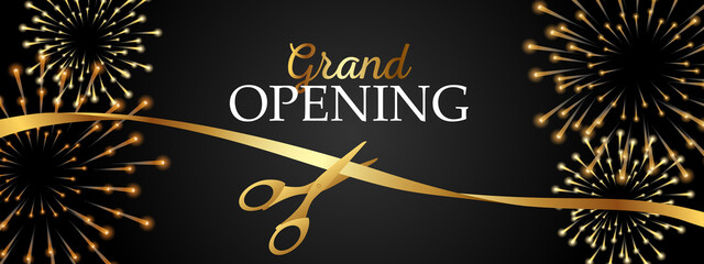 Grand opening design with ribbon, balloons and gold scissors, fireworks. Realistic Vector