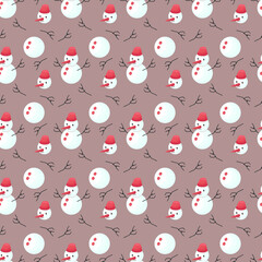 Snowman seamless pattern on brown backdrop. Christmas festive background. New year flat vector illustration.