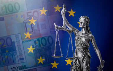 Law and justice, EU flag and Euro currency concept