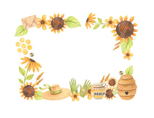 Watercolor frame with fairy house elements, honey jars, shovels and rakes, letter in an envelope, summer hat with ribbon, honeycombs, sunflowers, bees, beehive and yellow flowers for design