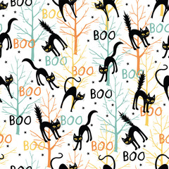 Seamless halloween cat pattern. Creative vector pattern with cat, bats, boo, trees, halloween. Funny halloween cat pattern for textile and fabric.