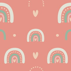 Cute Seamless scandi pattern with rainbow and clouds on pink background