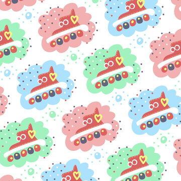 Roller skates on a background of multicolored spots, geometric elements. Vector cute childish pattern on a white background.