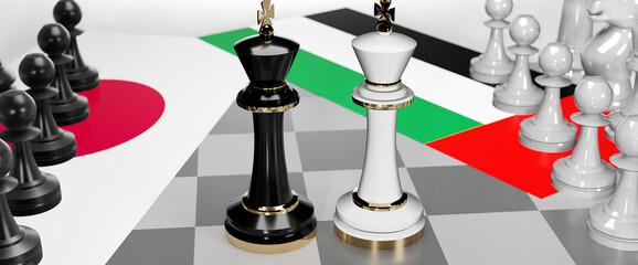 Japan and United Arab Emirates conflict, clash, crisis and debate between those two countries that aims at a trade deal and dominance symbolized by a chess game with national flags, 3d illustration