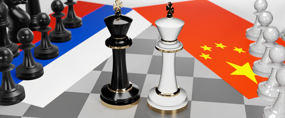 Russia and China conflict, clash, crisis and debate between those two countries that aims at a trade deal and dominance symbolized by a chess game with national flags, 3d illustration