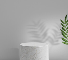 3d rendering marble cylinder podium, green decor and gray wall