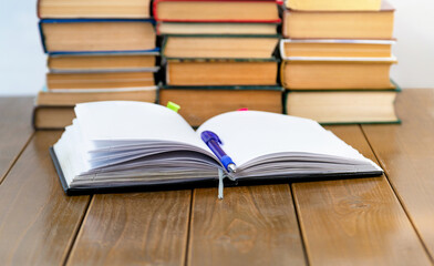 Notebook, pen and books on the table. Close-up.