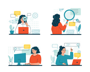 Woman search a file using magnifying glass or loupe. Concept of quick easy document search, system information or data organization in computer. Employee, job and candidate search. Vector illustration