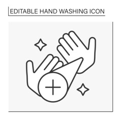  Shining hands line icon. Cleaned and cared for palms. Disinfection from bacterias. Hygiena concept. Isolated vector illustration. Editable stroke