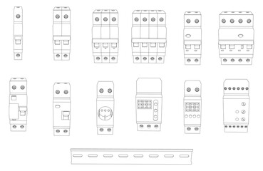 Vector set of switchboard elements for fuse control box - safety circuit breaker, relay, residual current circuit breaker
