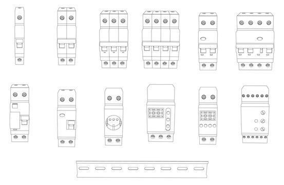 Vector set of switchboard elements for fuse control box - safety circuit breaker, relay, residual current circuit breaker
