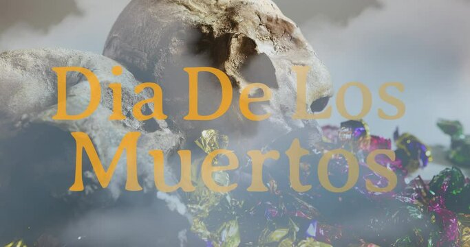 Animation of dia de los muertos over skulls in background