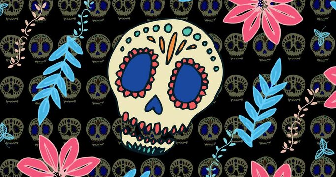 Animation of decorative skulls and flowers on black background