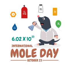 Vector illustration, mole rat character holding a test tube, with the formula Avogadro's constant, as a banner or poster, international mole day.