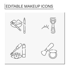 Makeup line icons set. Lip liner, mascara, blush and false lush curler. Beauty salon. Cosmetology concept. Isolated vector illustrations. Editable stroke