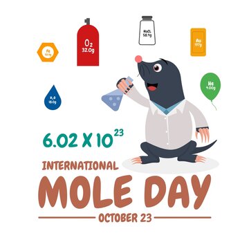 Vector illustration, mole rat character holding a test tube, with the formula Avogadro's constant, as a banner or poster, international mole day.