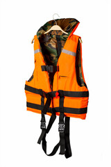 Orange life jacket, insulated on a white background.