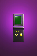 3D illustration black retro electronic portable game console, 1980 90s style, on lilac background,  3D rendering