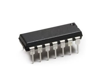 14 pin integrated circuit on white background and copy space