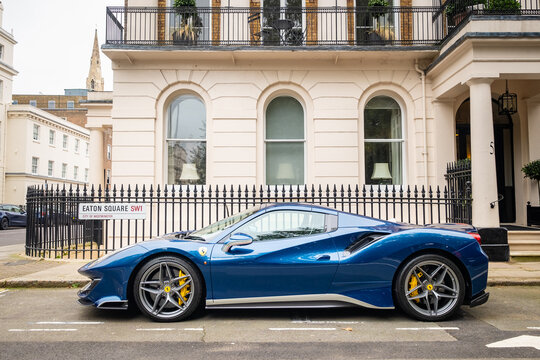 London- Blue Ferrari Parked On Street In Belgravia 