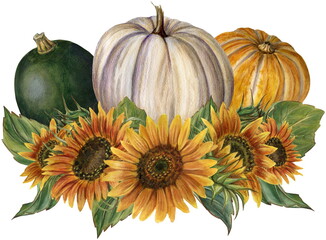 Watercolor illustration, pumpkins and sunflowers.