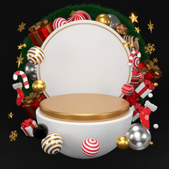 white round wreath with x'mas and new year ornaments. gold fancy ball , star, 3d rendering.