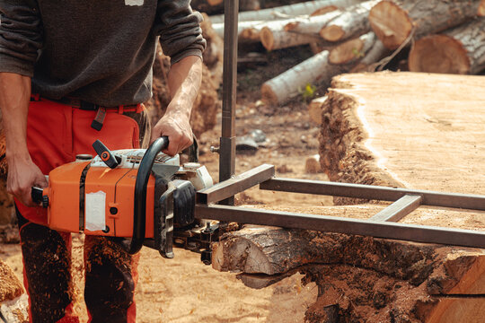 Closeup of lumberjack cutting tree trunk with giant chainsaw to make wooden planks