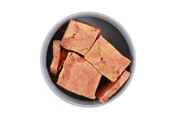 Dog bowl with big chunks of salmon fish for dog or cat raw biologically appropriate feeding on white background
